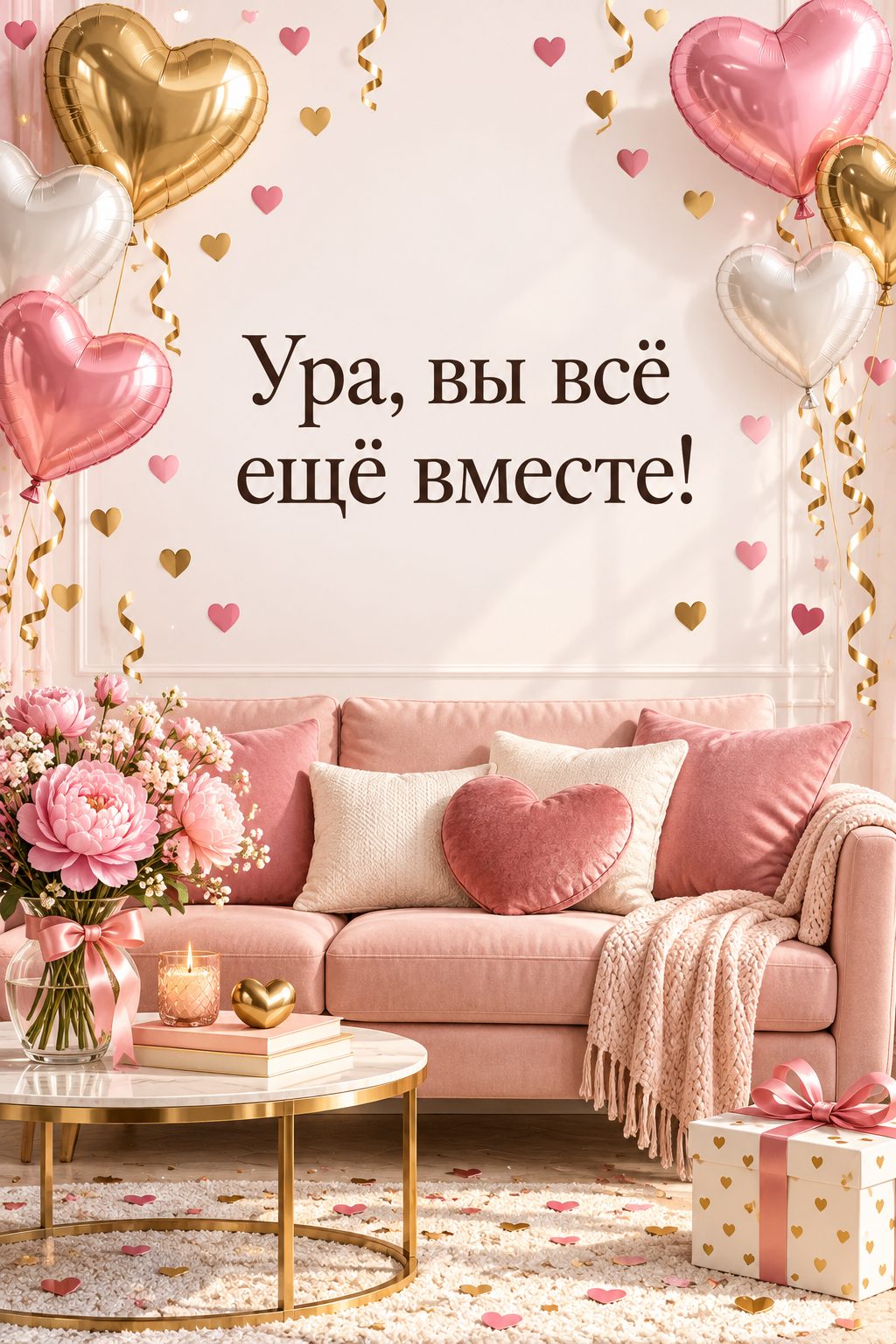 Открытка с годовщиной свадьбы: конфетти и шары-сердца над диваном, надпись «Ура, вы всё ещё вместе!»