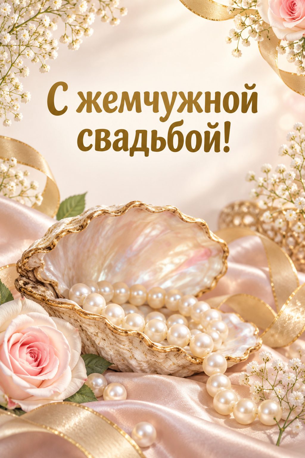 Открытка с годовщиной свадьбы: нить жемчуга в раскрытой ракушке: жемчужная свадьба, 30 лет, надпись «С жемчужной свадьбой!»