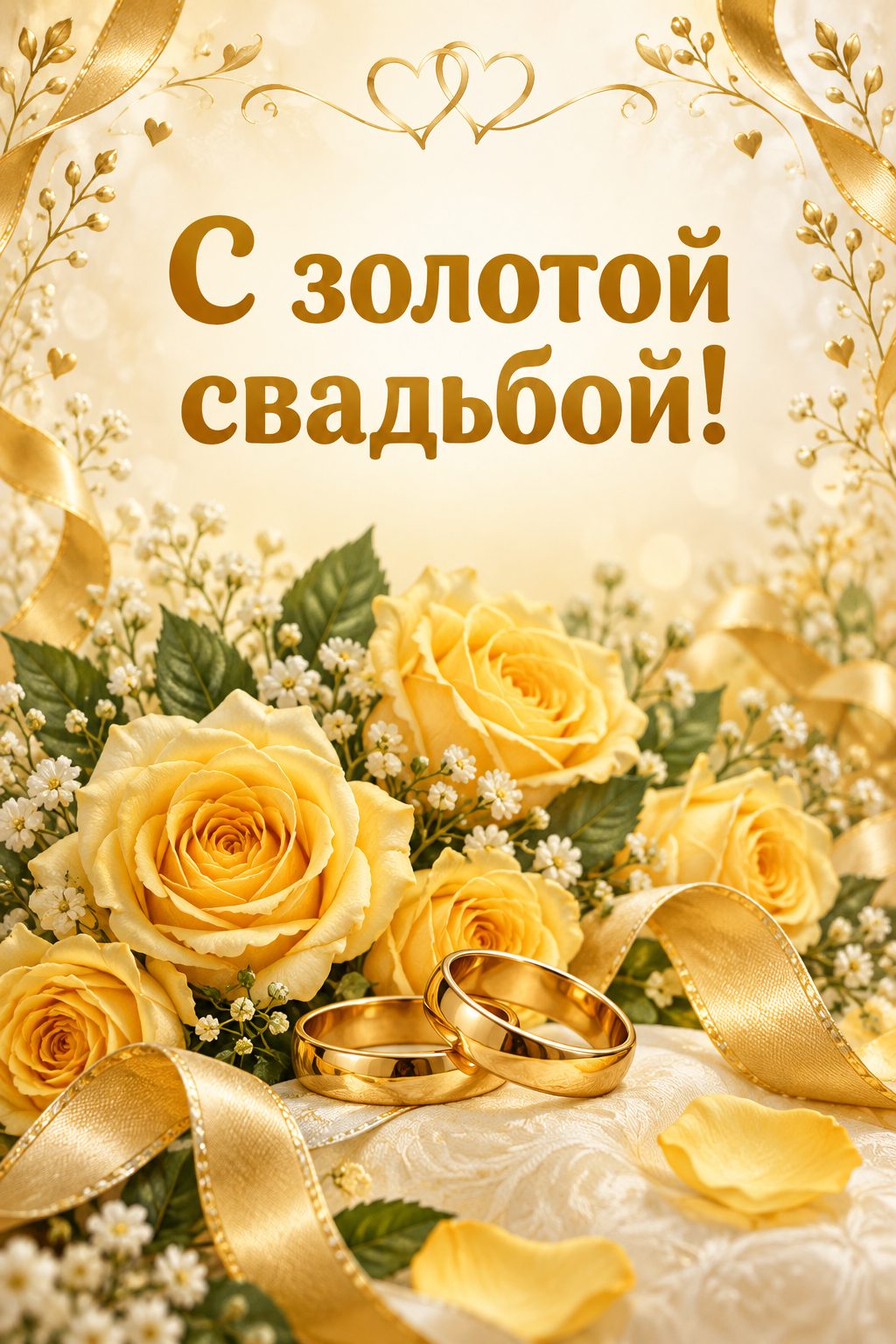 Открытка с годовщиной свадьбы: золотые кольца на букете жёлтых роз: золотая свадьба, 50 лет, надпись «С золотой свадьбой!»
