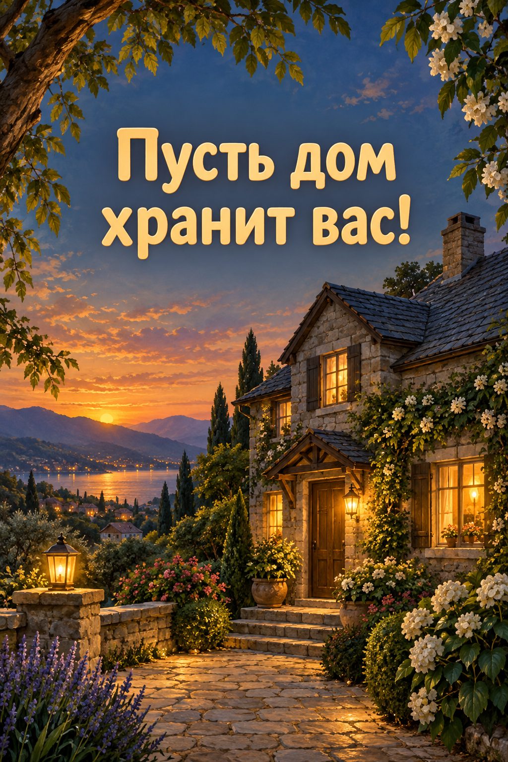 Открытка с новосельем: каменный дом с огнями в окнах вечером, надпись «Пусть дом хранит вас!»