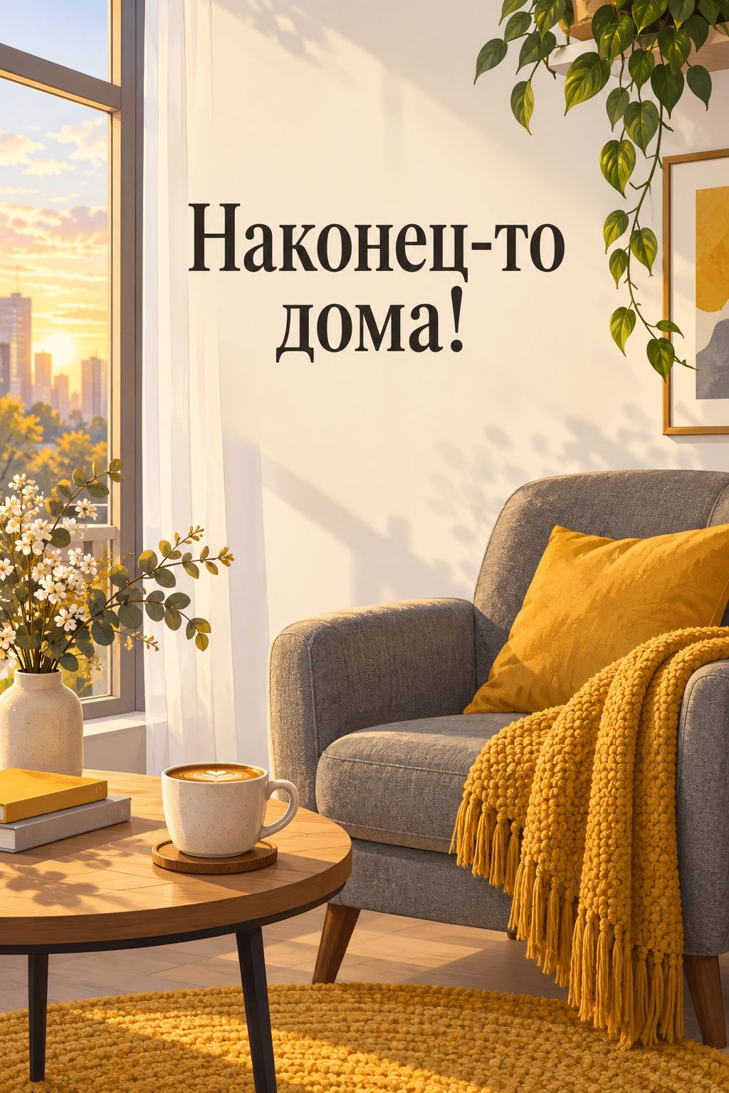 Открытка с новосельем: уютное кресло у окна новой квартиры и чашка кофе, надпись «Наконец-то дома!»