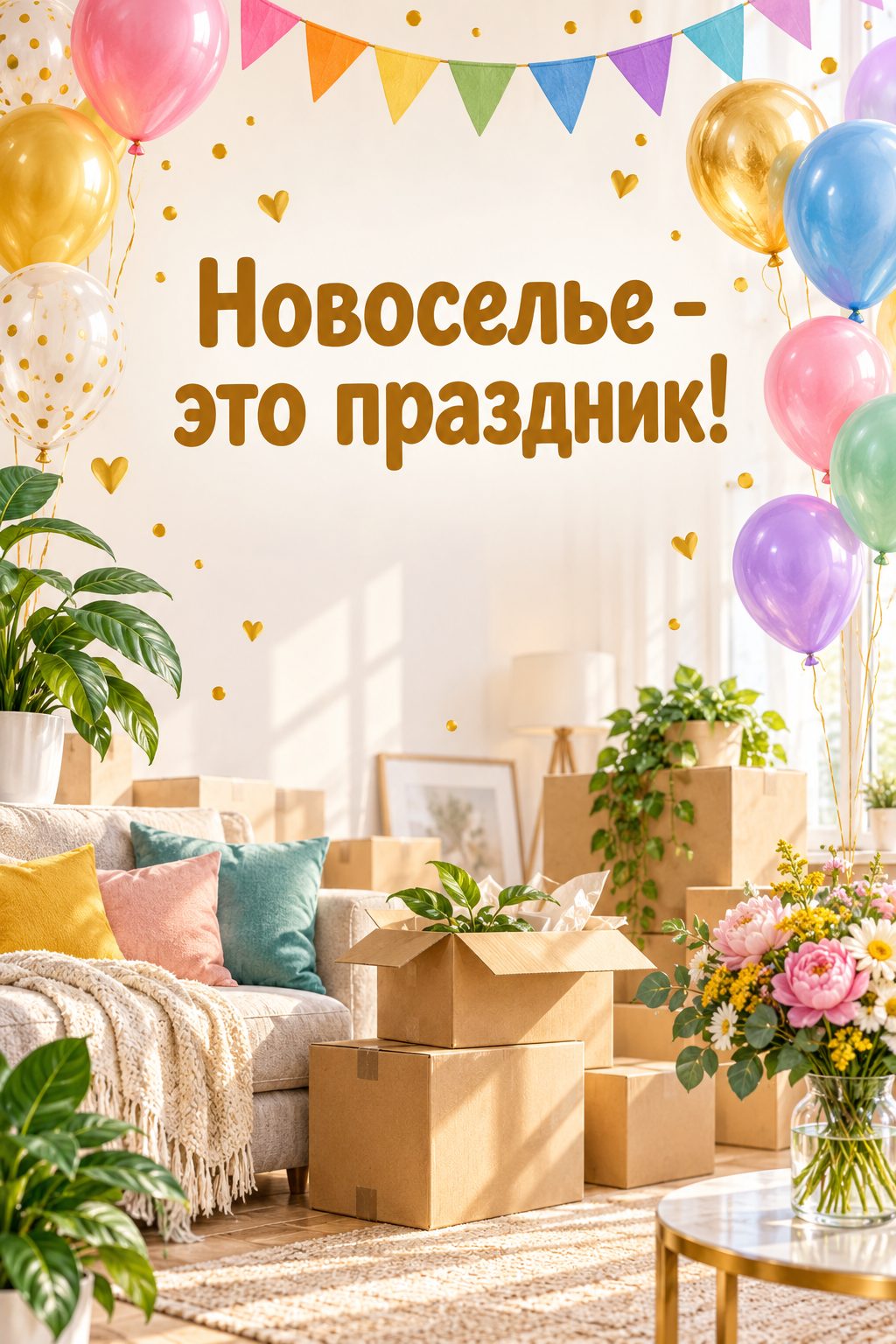 Открытка с новосельем: разноцветные шары и гирлянды в пустой светлой комнате, надпись «Новоселье - это праздник!»