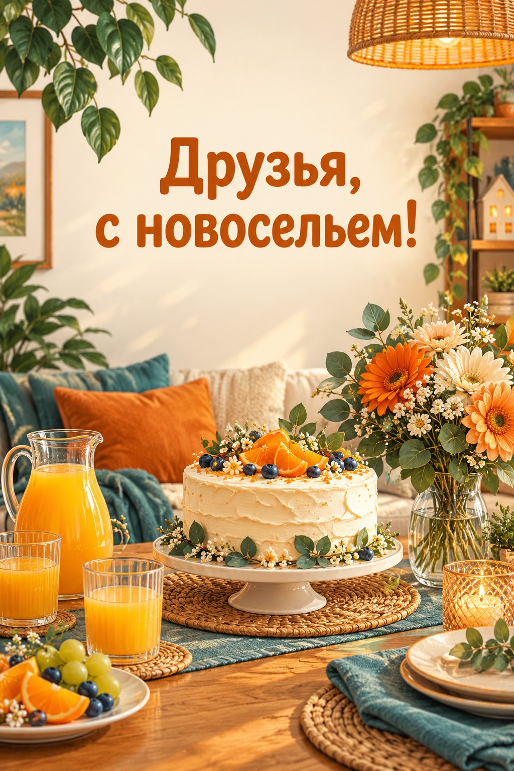 Открытка с новосельем: праздничный стол на новоселье с тортом, соком и цветами, надпись «Друзья, с новосельем!»