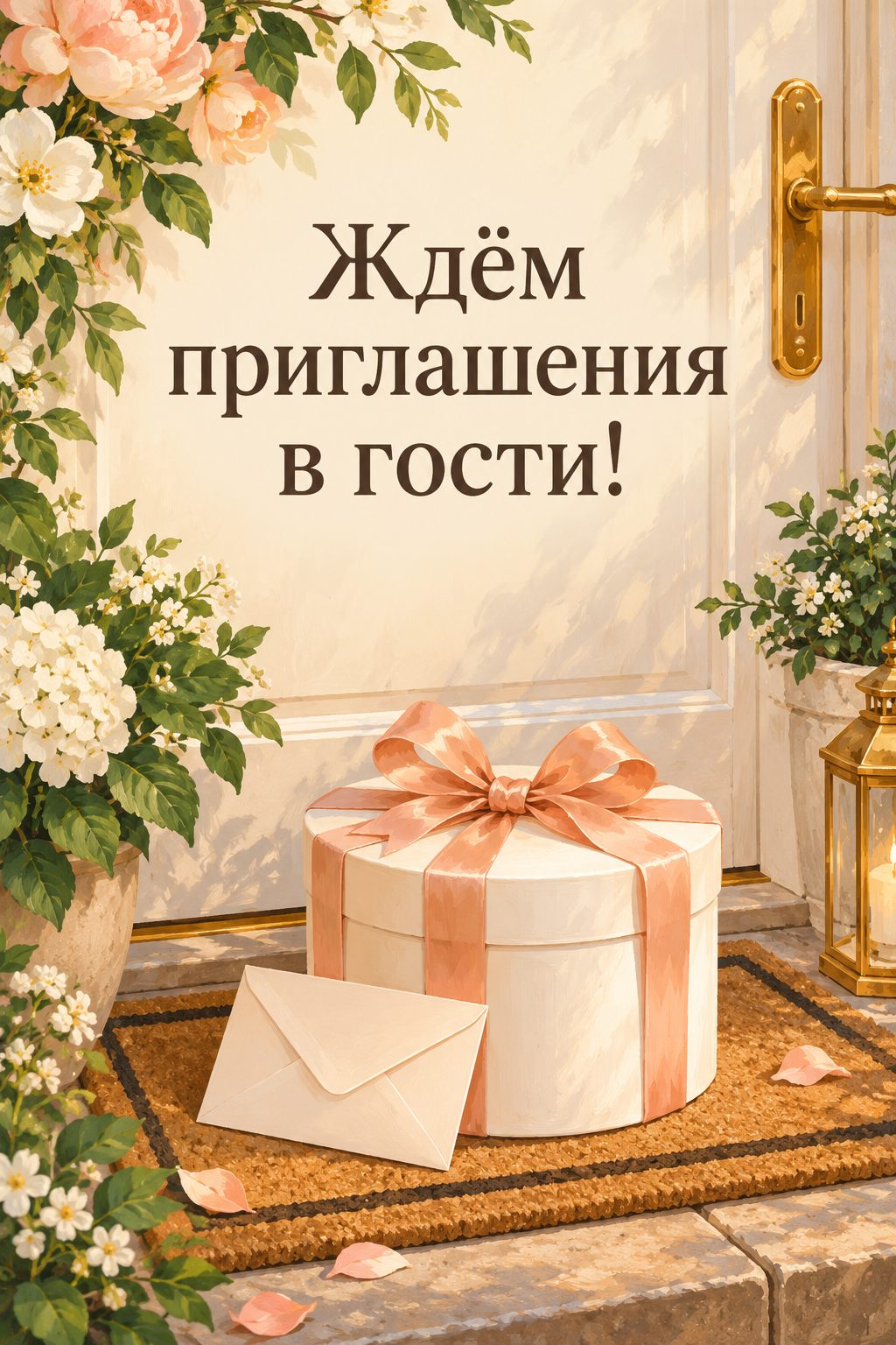 Открытка с новосельем: конверт и коробка с тортом на коврике у двери, надпись «Ждём приглашения в гости!»