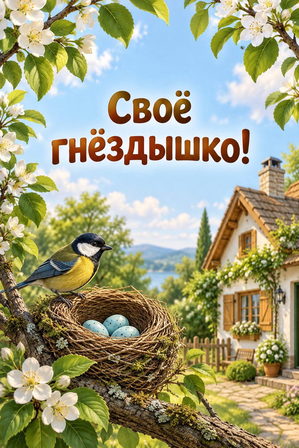 Открытка с новосельем: птичье гнёздышко на ветке перед уютным домом, надпись «Своё гнёздышко!»