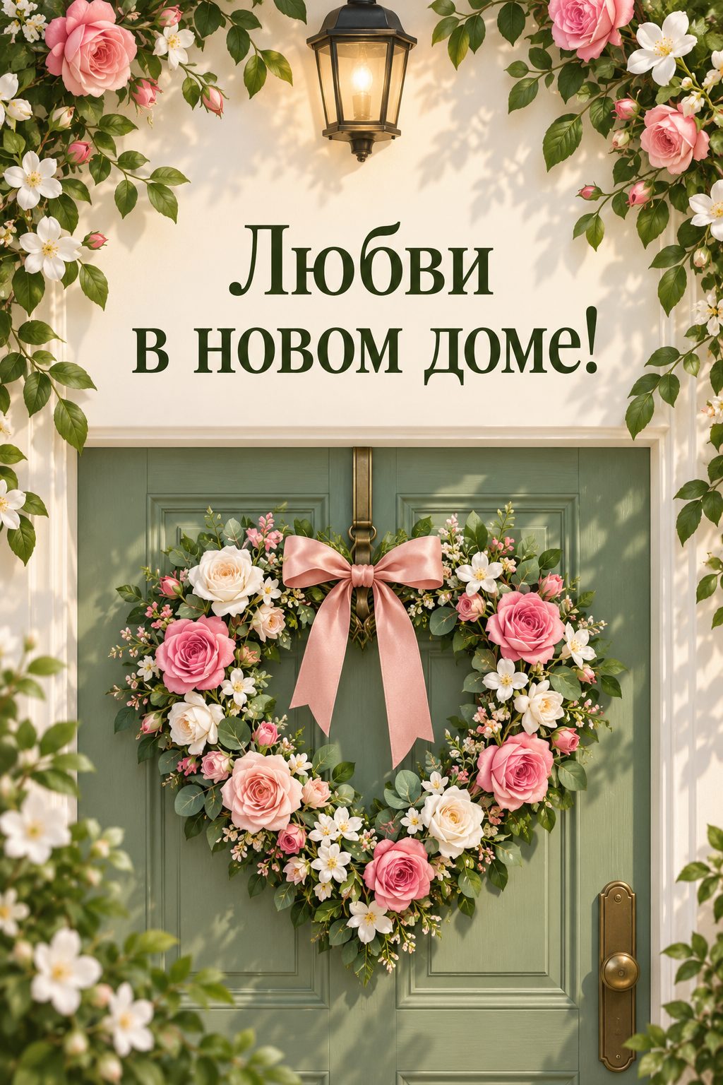Открытка с новосельем: венок-сердце из цветов на входной двери, надпись «Любви в новом доме!»