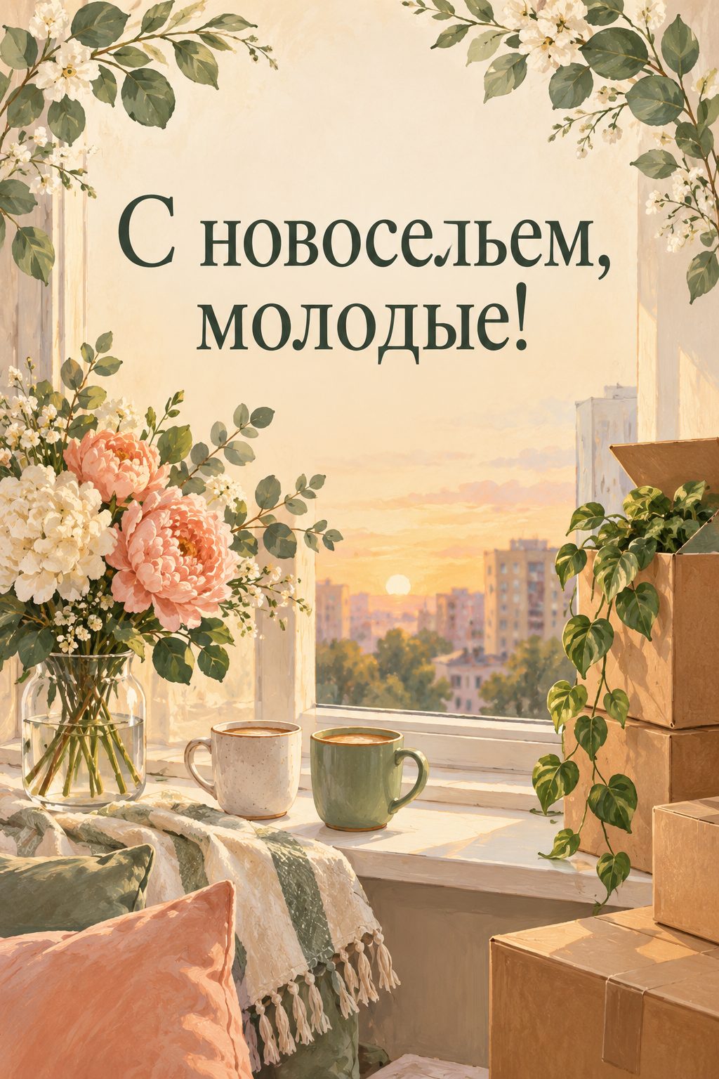 Открытка с новосельем: две чашки на подоконнике новой квартиры среди коробок и букет, надпись «С новосельем, молодые!»