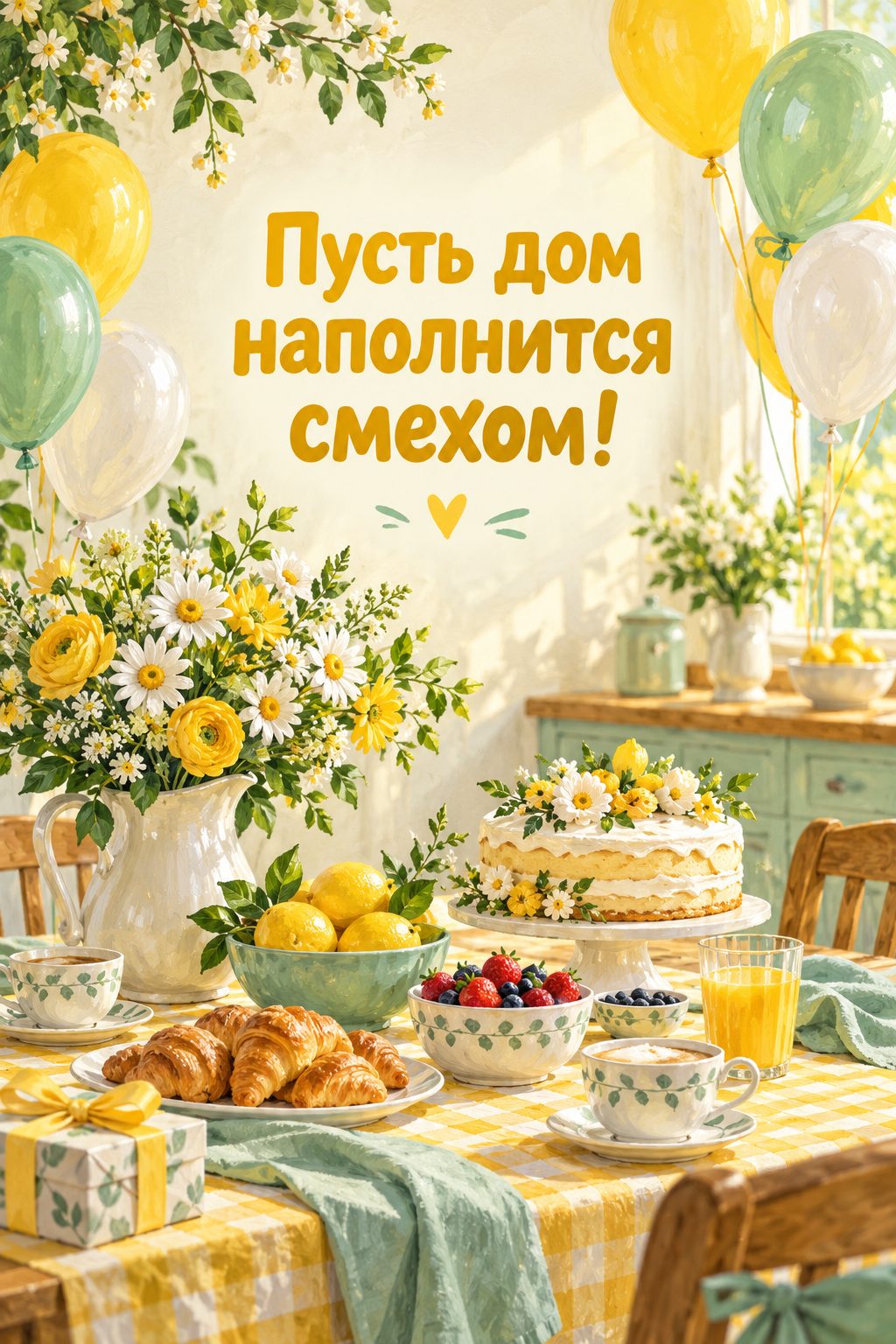 Открытка с новосельем: солнечная кухня, стол к завтраку и воздушные шары, надпись «Пусть дом наполнится смехом!»