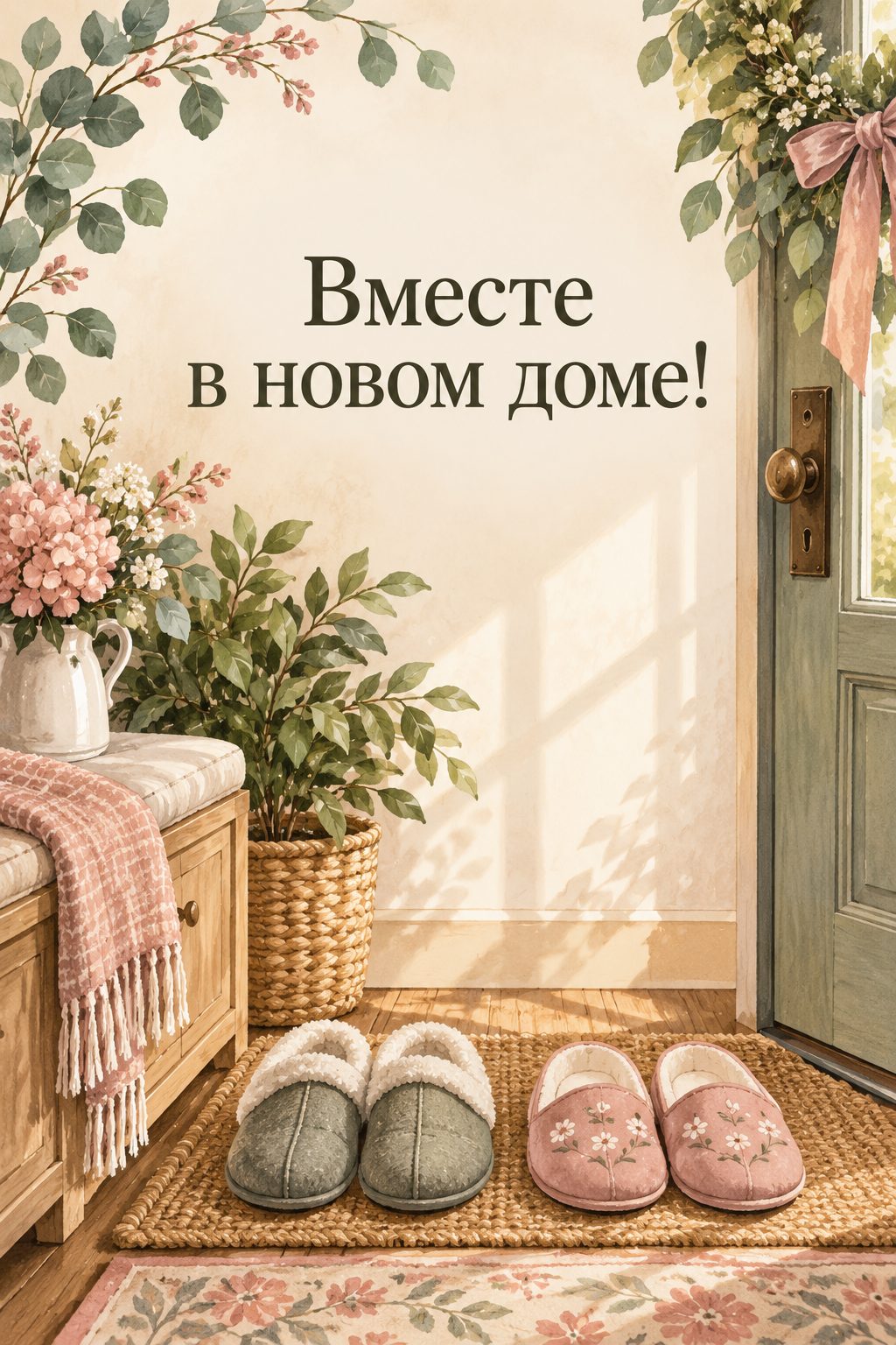 Открытка с новосельем: две пары тапочек у двери уютной прихожей, надпись «Вместе в новом доме!»