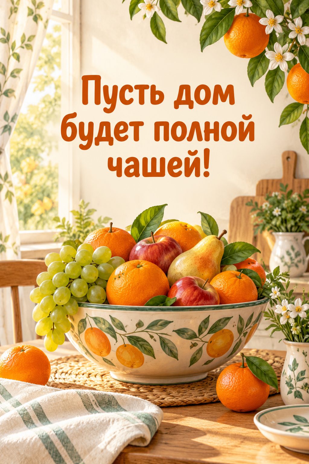 Открытка с новосельем: большая миска фруктов на кухонном столе в утреннем свете, надпись «Пусть дом будет полной чашей!»