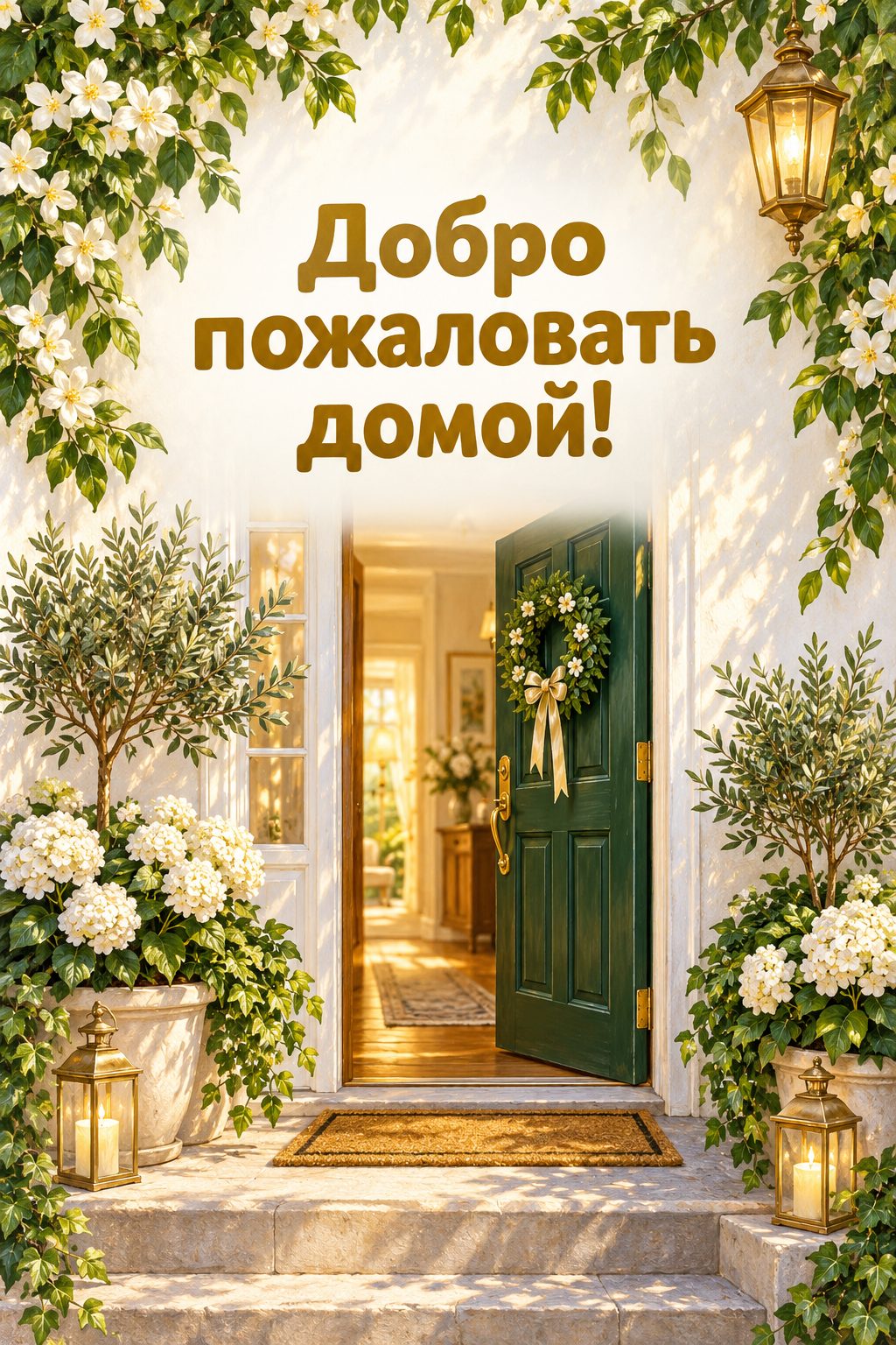 Открытка с новосельем: открытая входная дверь, коврик и цветы в горшках на ступенях, надпись «Добро пожаловать домой!»