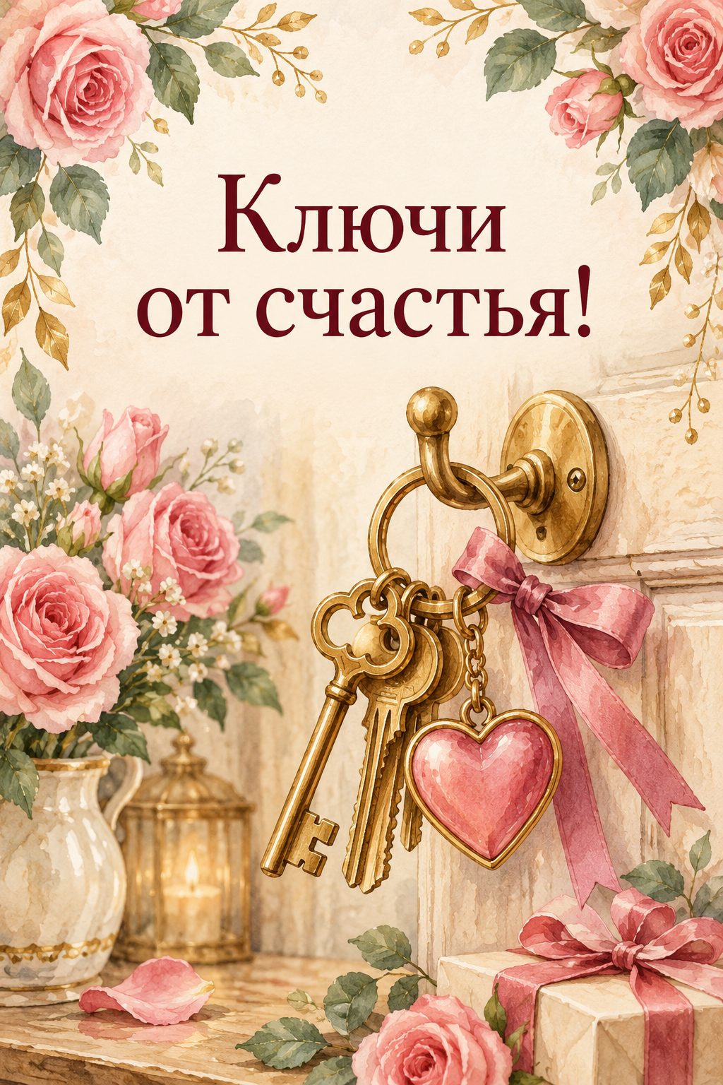 Открытка с новосельем: золотые ключи с брелоком-сердцем на крючке, надпись «Ключи от счастья!»