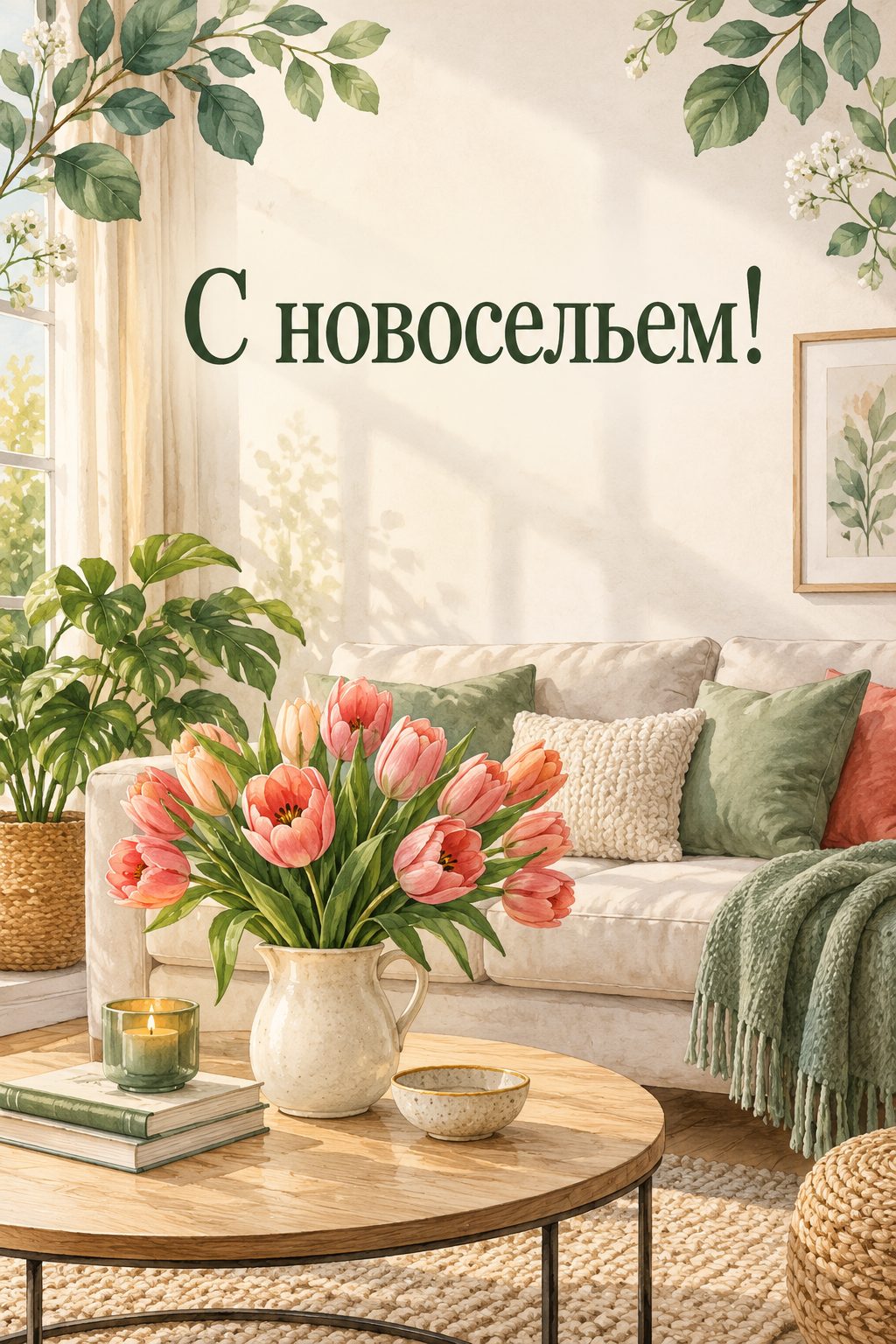 Открытка с новосельем: светлая гостиная с диваном, растением и букетом тюльпанов, надпись «С новосельем!»