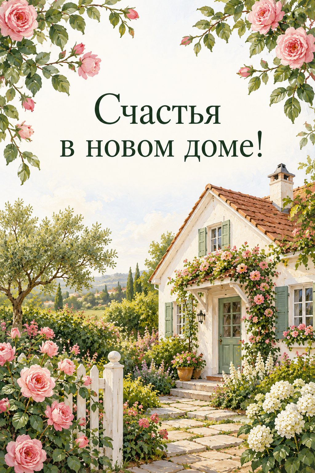 Открытка с новосельем: белый домик в цветущем саду, надпись «Счастья в новом доме!»