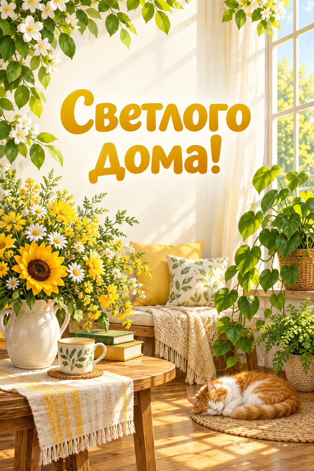 Открытка с новосельем: большое окно, солнце на деревянном полу и комнатные растения, надпись «Светлого дома!»