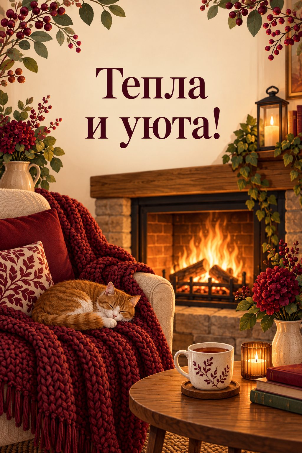 Открытка с новосельем: камин, вязаный плед и чашка чая, надпись «Тепла и уюта!»