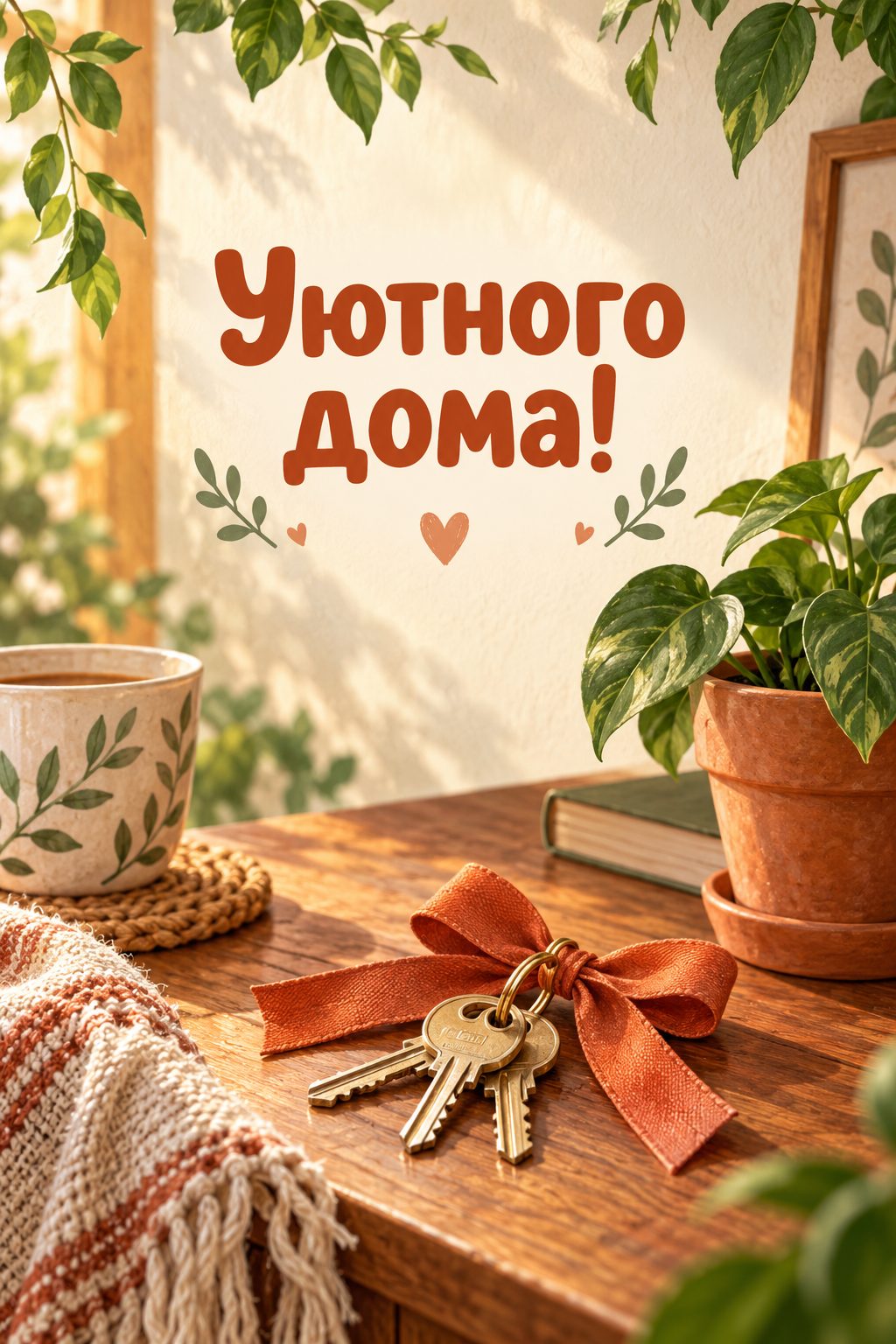 Открытка с новосельем: ключи с лентой на деревянном столе рядом с комнатным растением, надпись «Уютного дома!»