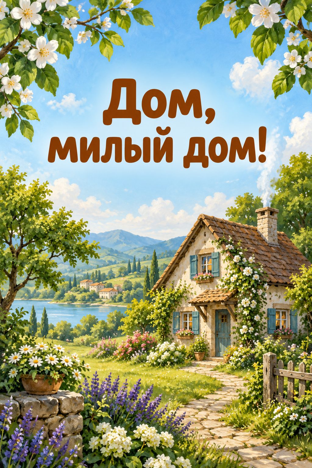 Открытка с новосельем: маленький домик с дымком из трубы на летнем лугу, надпись «Дом, милый дом!»