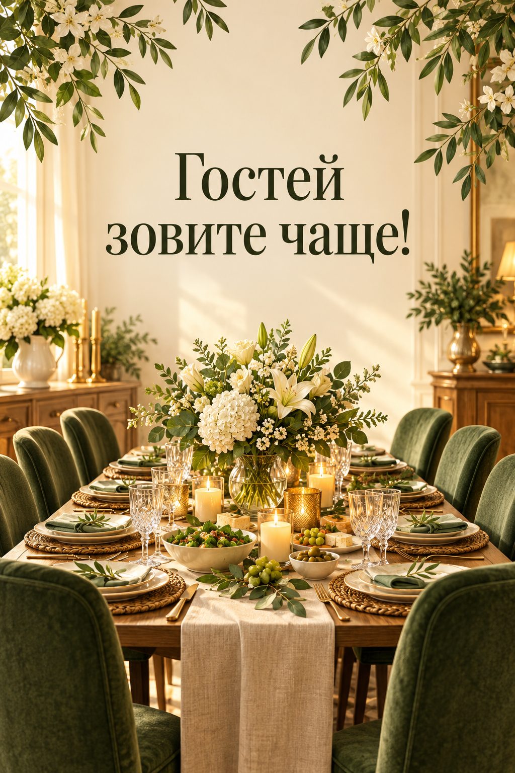 Открытка с новосельем: накрытый стол для гостей с цветами и множеством стульев, надпись «Гостей зовите чаще!»