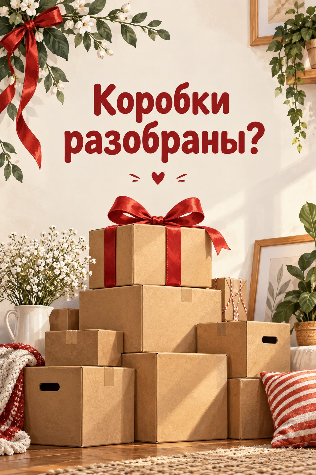 Открытка с новосельем: высокая стопка коробок для переезда с бантом, надпись «Коробки разобраны?»