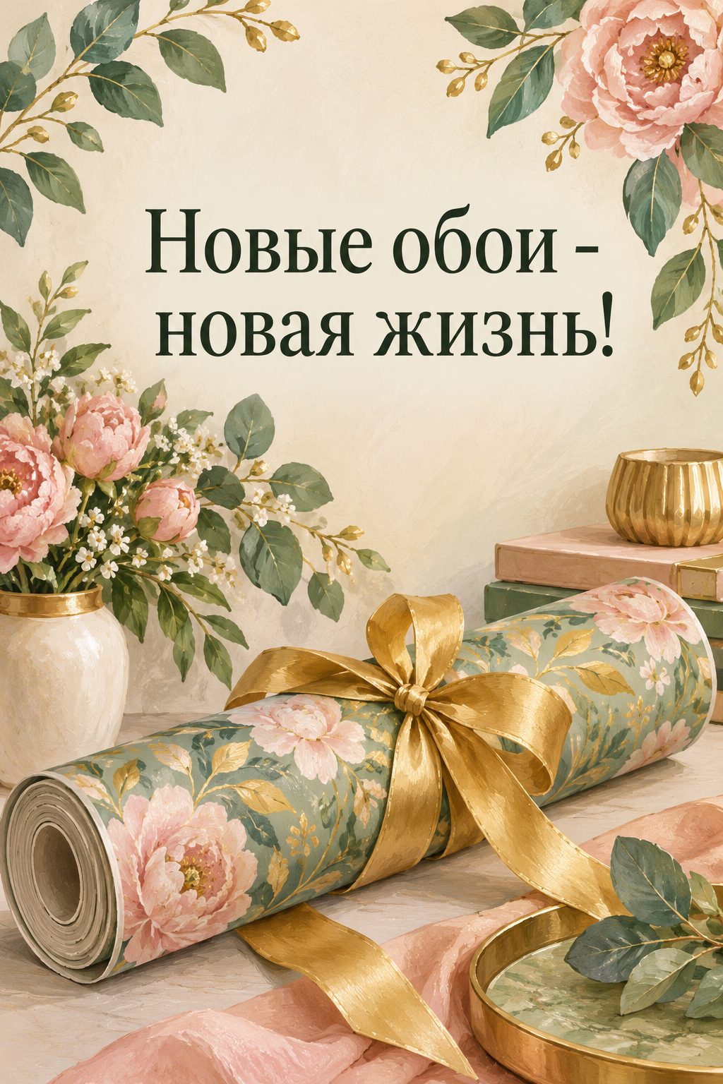 Открытка с новосельем: рулон обоев, перевязанный подарочной лентой, надпись «Новые обои - новая жизнь!»