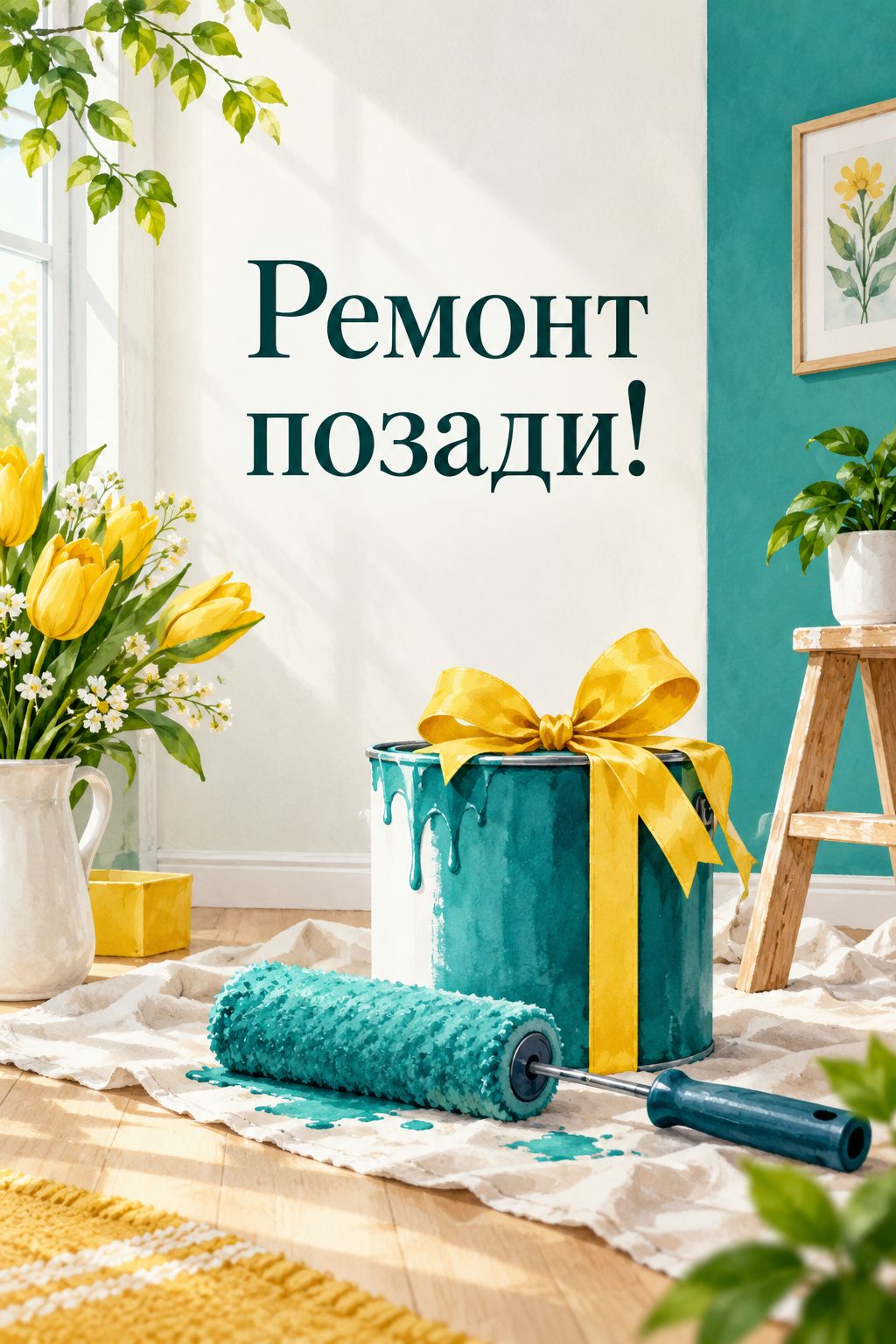 Открытка с новосельем: валик и банка краски с бантом в свежевыкрашенной комнате, надпись «Ремонт позади!»