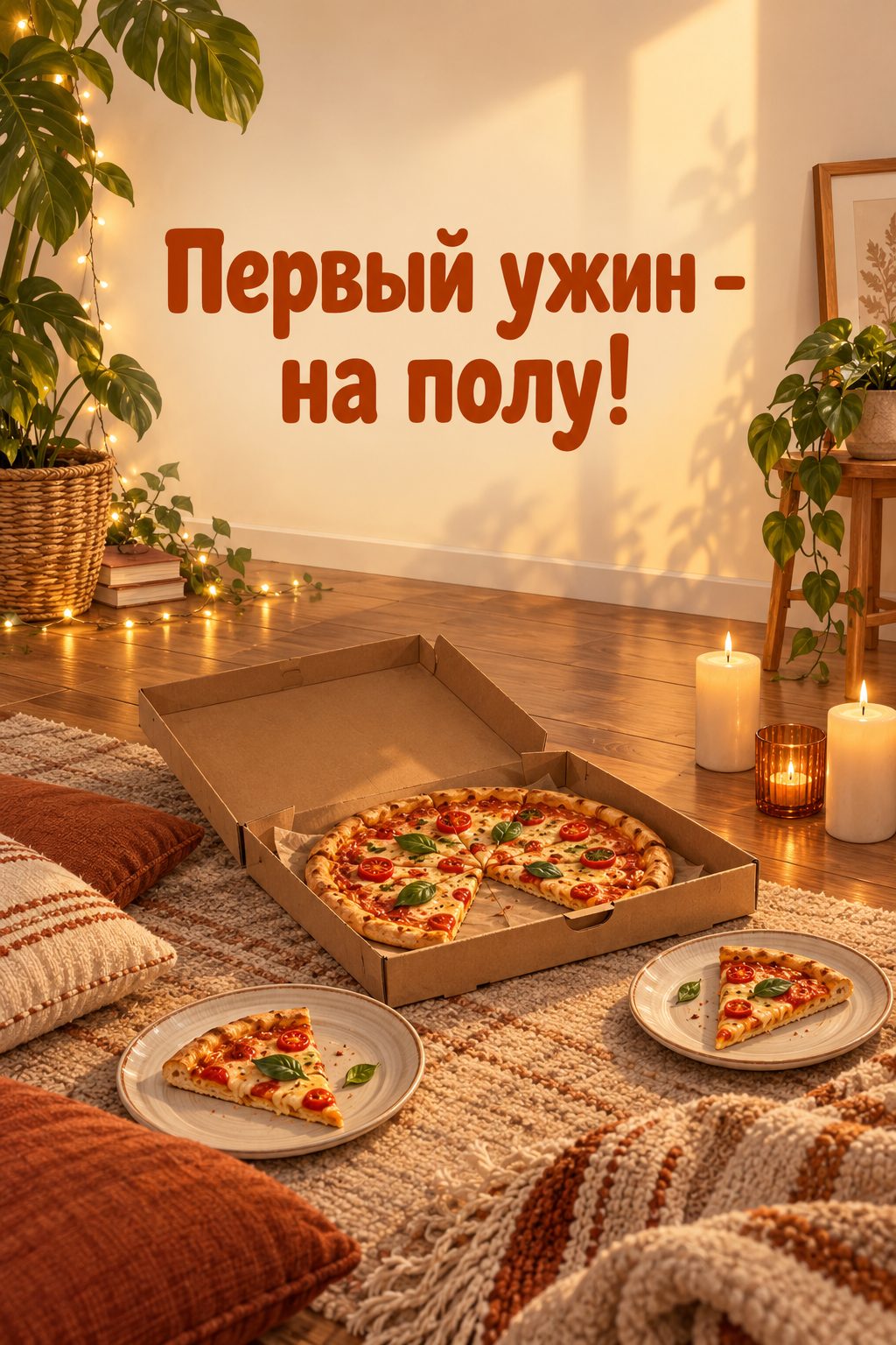 Открытка с новосельем: коробка пиццы и две тарелки на полу пустой комнаты при свечах, надпись «Первый ужин - на полу!»