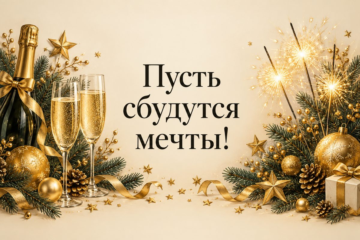 Открытка с Новым годом: бенгальские огни и бокалы шампанского, надпись «Пусть сбудутся мечты!»