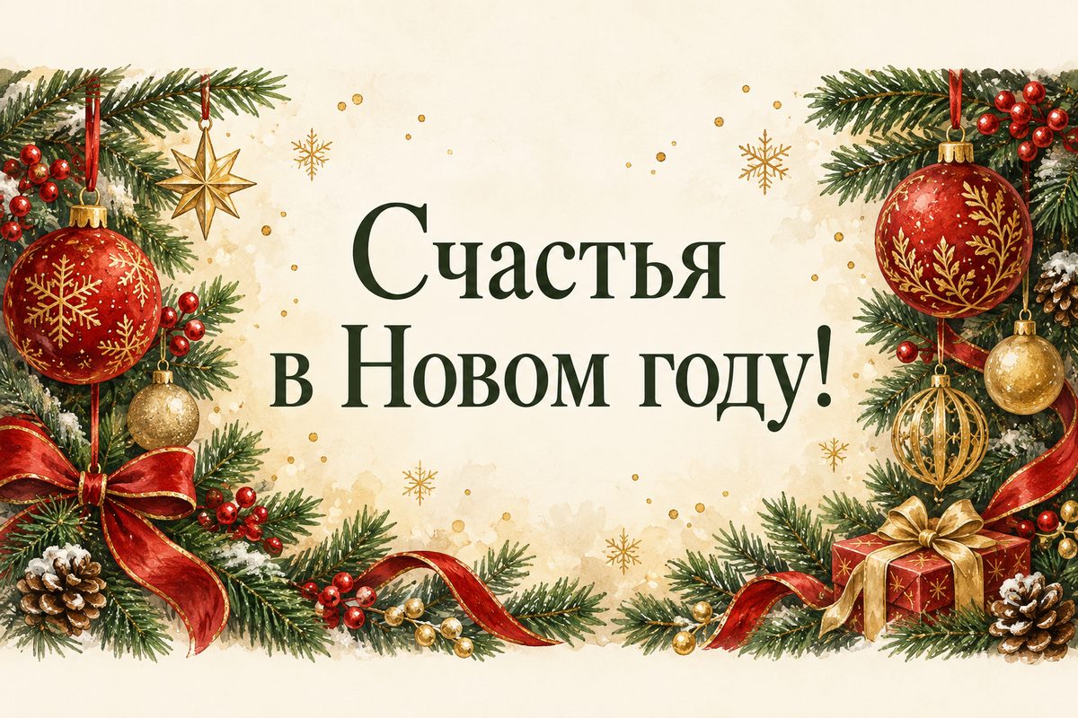 Открытка с Новым годом: красные и золотые игрушки на еловых ветках, надпись «Счастья в Новом году!»
