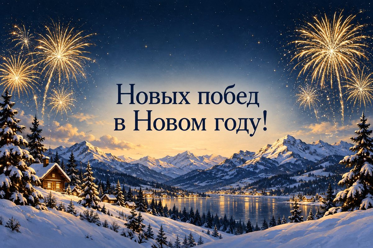 Открытка с Новым годом: золотой фейерверк над снежными горами, надпись «Новых побед в Новом году!»