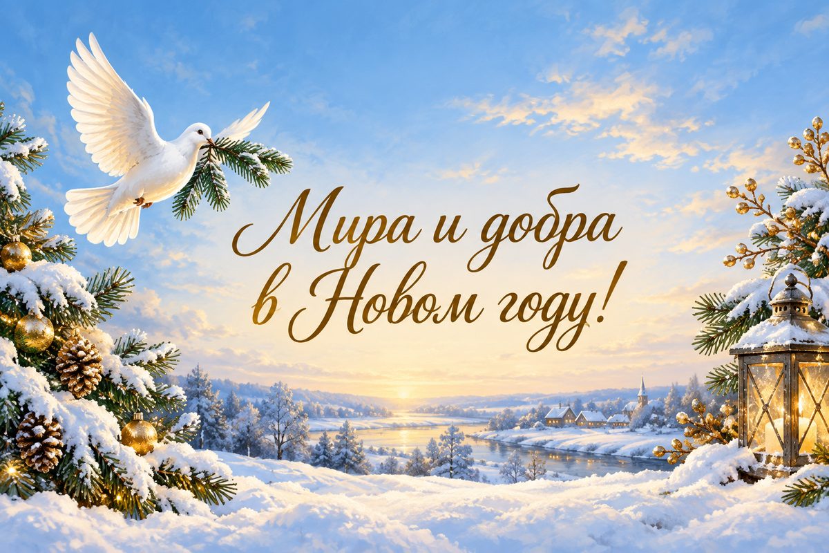 Открытка с Новым годом: белый голубь с еловой веткой над снежным полем, надпись «Мира и добра в Новом году!»