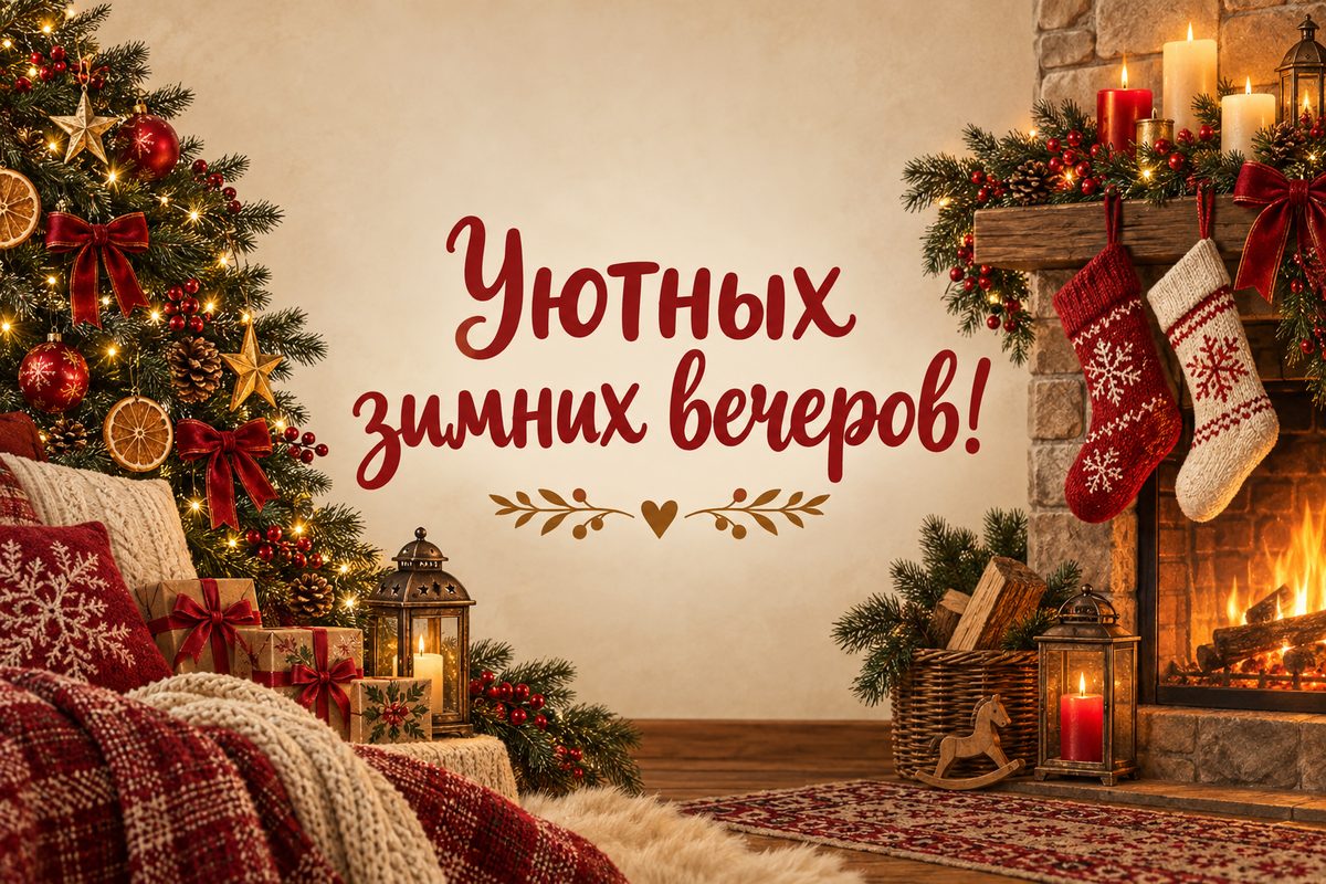 Открытка с Новым годом: камин с носками и свечами, надпись «Уютных зимних вечеров!»