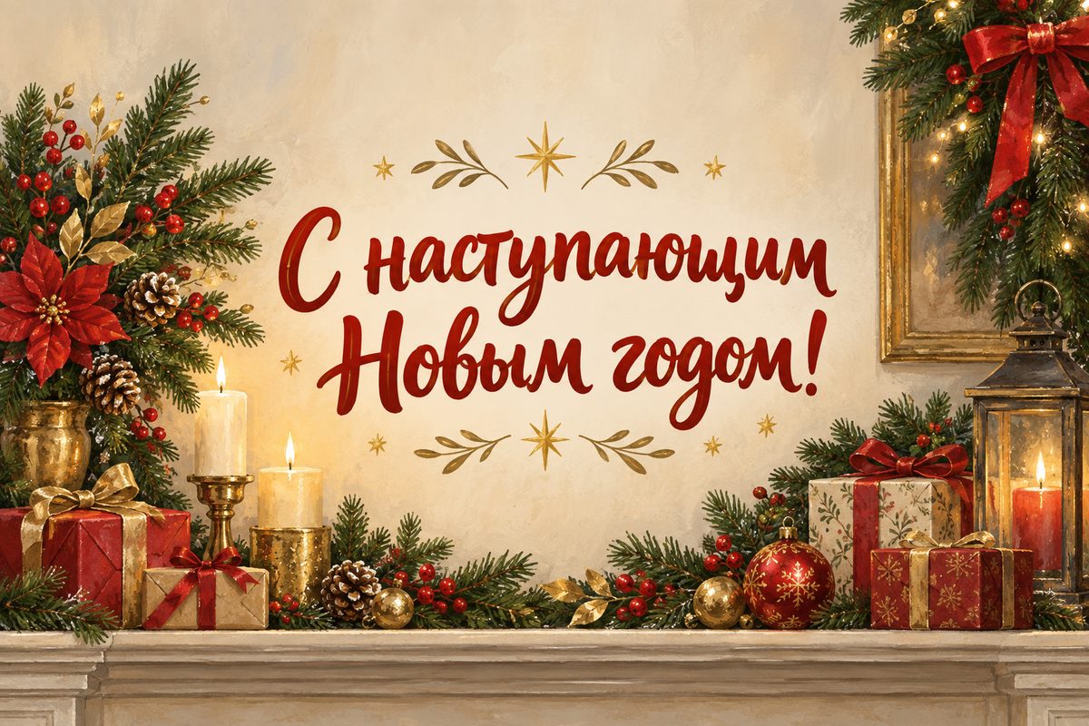 Открытка с Новым годом: камин со свечами, еловыми ветками и подарками, надпись «С наступающим Новым годом!»