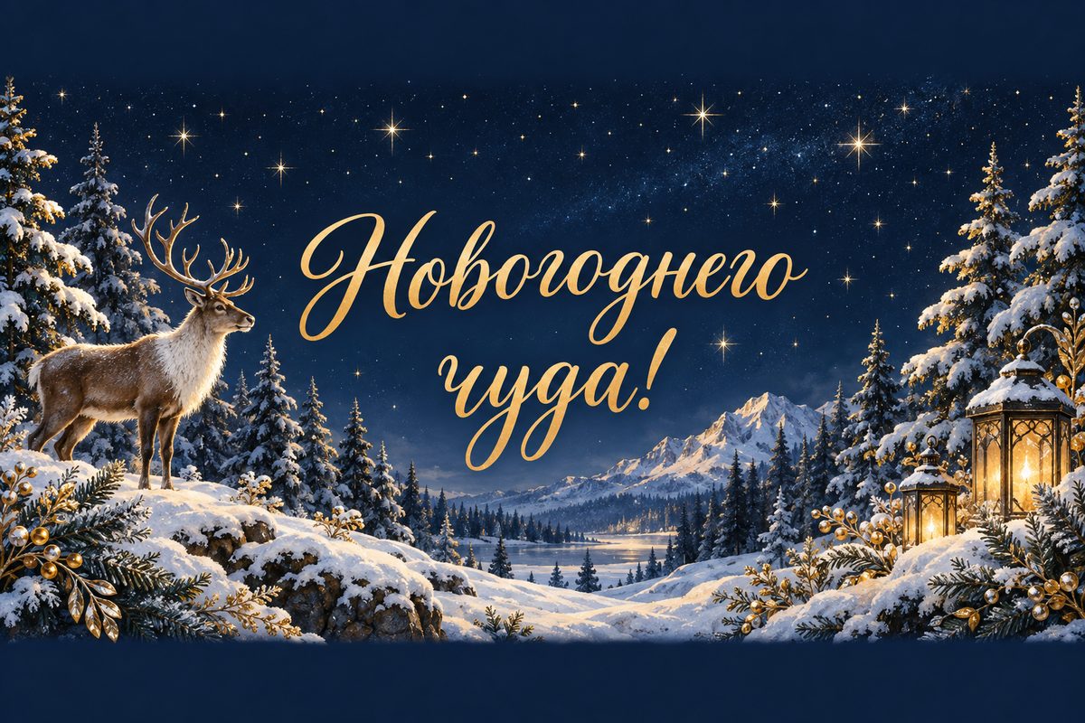 Открытка с Новым годом: олень в заснеженном лесу под звёздами, надпись «Новогоднего чуда!»
