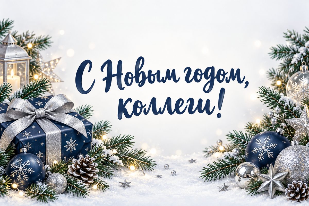 Открытка с Новым годом: подарок с серебряной лентой и еловые ветки, надпись «С Новым годом, коллеги!»