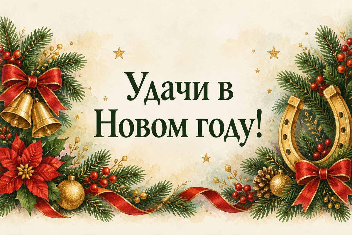 Открытка с Новым годом: подкова, еловые ветки и золотые колокольчики, надпись «Удачи в Новом году!»