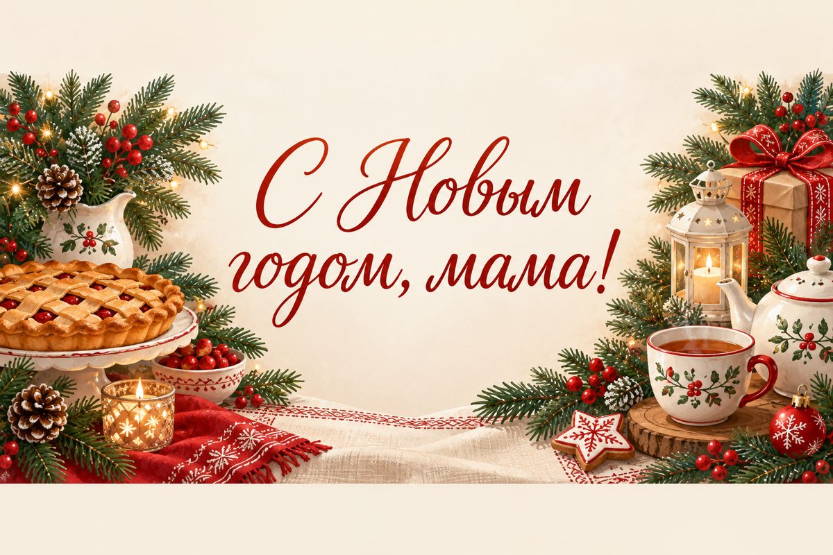 Открытка с Новым годом: праздничный стол с пирогом, чаем и еловыми ветками, надпись «С Новым годом, мама!»