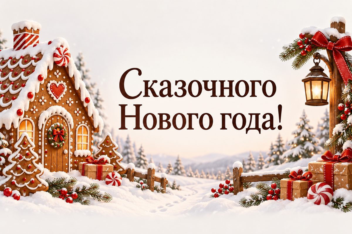 Открытка с Новым годом: пряничный домик со сладостями, надпись «Сказочного Нового года!»