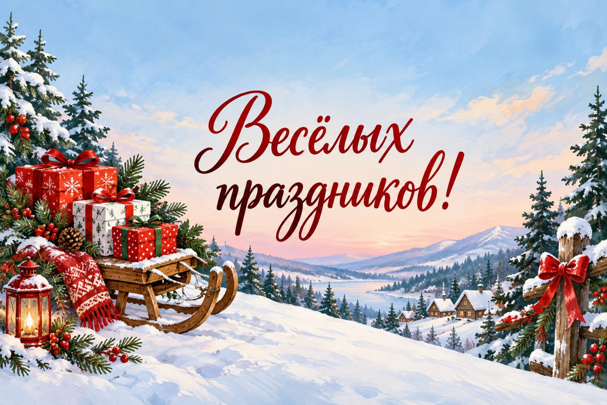 Открытка с Новым годом: санки с подарками на снежной горке, надпись «Весёлых праздников!»