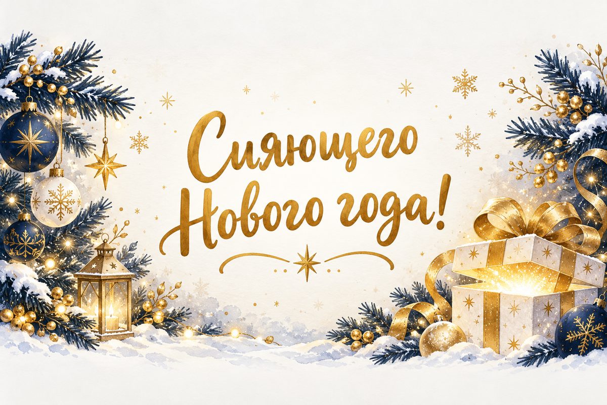 Открытка с Новым годом: сияющий подарок и снежинки, надпись «Сияющего Нового года!»