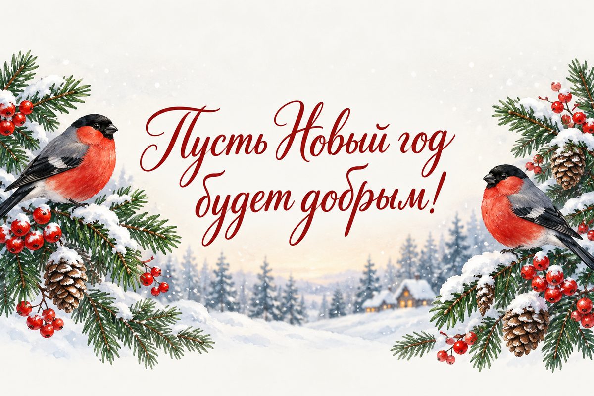 Открытка с Новым годом: снегири на заснеженной еловой ветке, надпись «Пусть Новый год будет добрым!»
