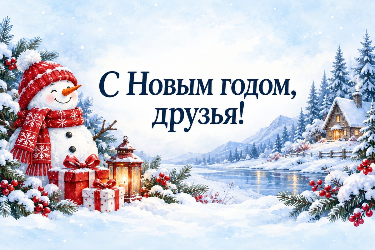 Открытка с Новым годом: весёлый снеговик с шарфом и подарками, надпись «С Новым годом, друзья!»