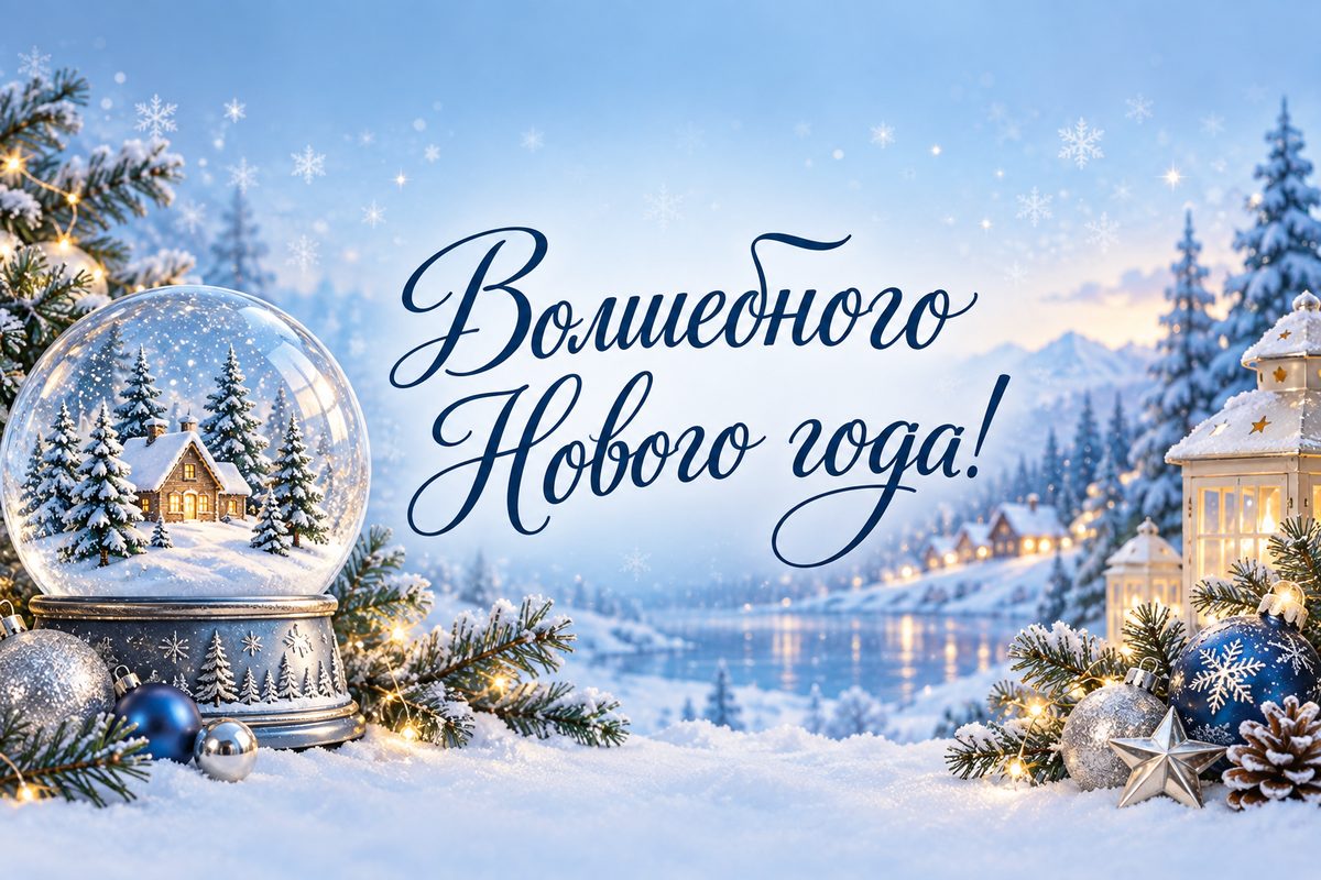 Открытка с Новым годом: снежный шар с домиком и ёлками, надпись «Волшебного Нового года!»