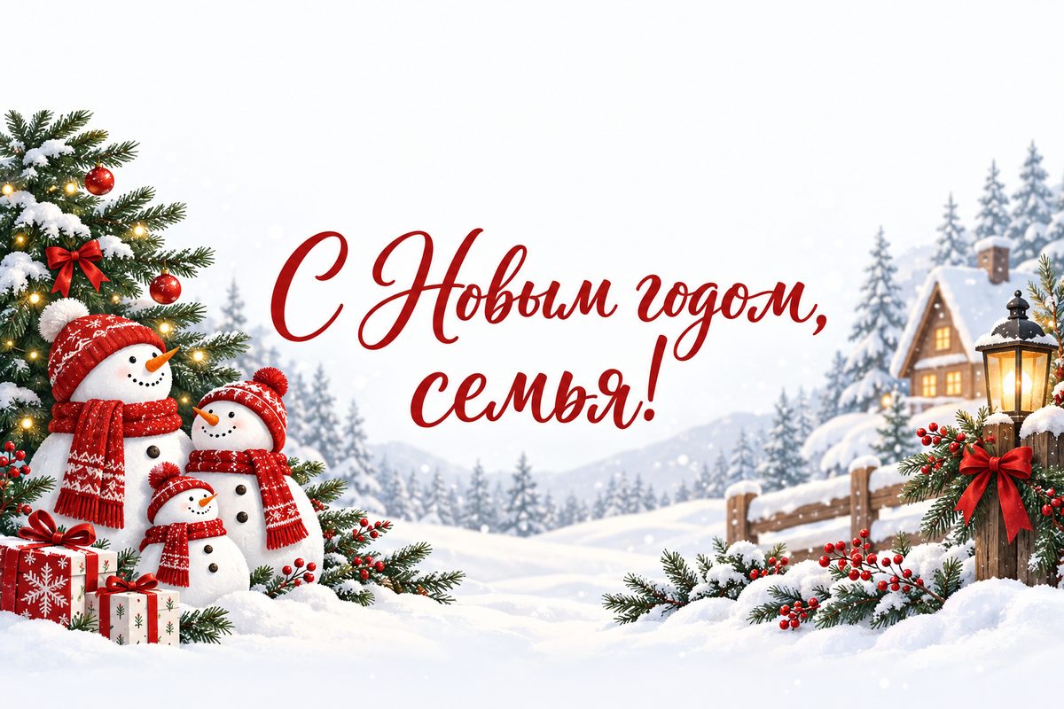 Открытка с Новым годом: семья из трёх снеговиков у ёлки, надпись «С Новым годом, семья!»
