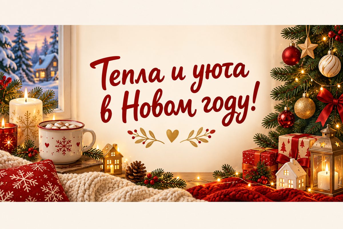 Открытка с Новым годом: уютное окно со свечами, какао и пледом, надпись «Тепла и уюта в Новом году!»
