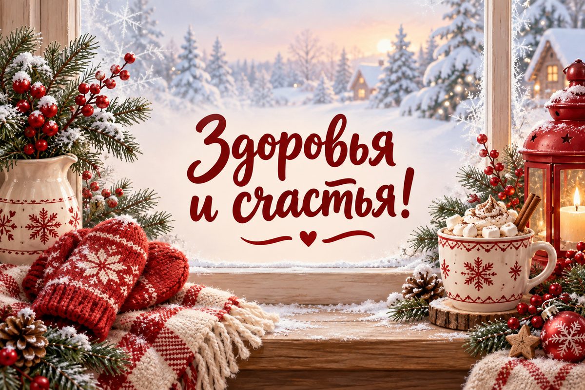 Открытка с Новым годом: варежки и горячее какао у морозного окна, надпись «Здоровья и счастья!»