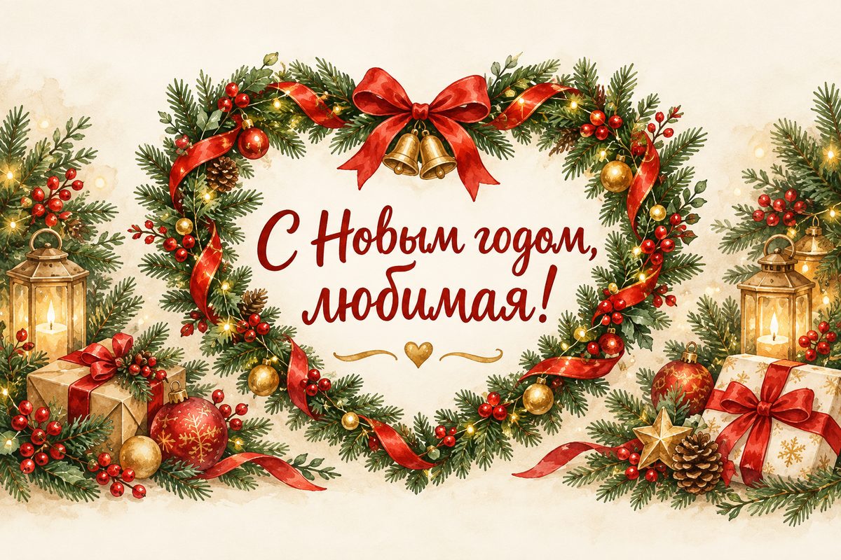 Открытка с Новым годом: венок-сердце из ели и красных лент, надпись «С Новым годом, любимая!»