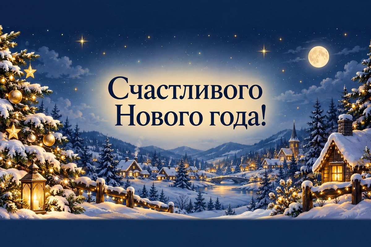 Открытка с Новым годом: заснеженная деревня ночью с тёплыми окнами, надпись «Счастливого Нового года!»