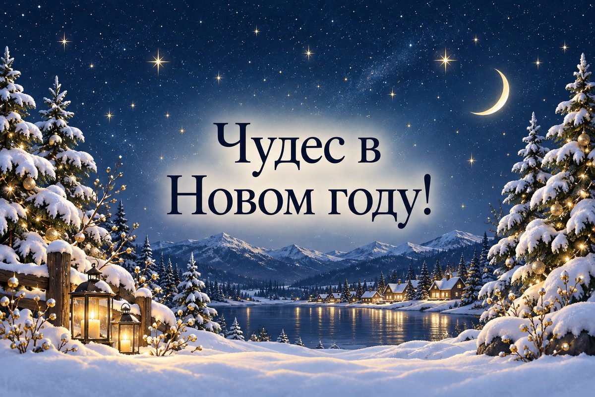 Открытка с Новым годом: звёздная ночь над заснеженными ёлками, надпись «Чудес в Новом году!»