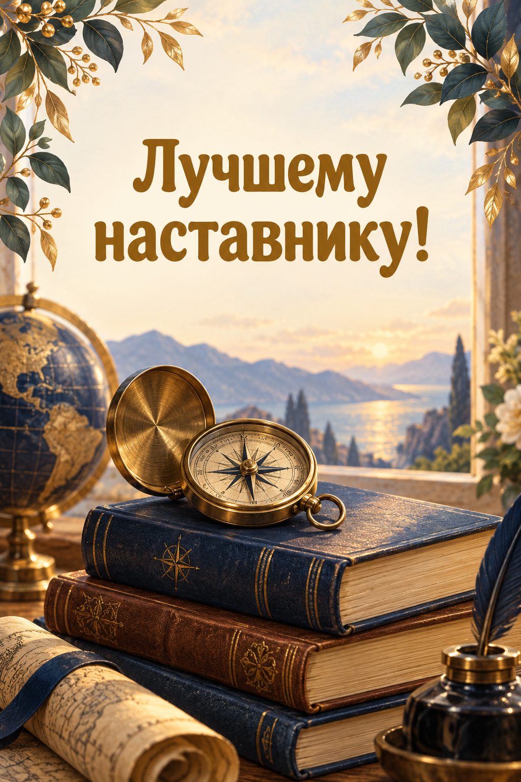 Открытка с выходом на пенсию: старинный компас на стопке книг, надпись «Лучшему наставнику!»